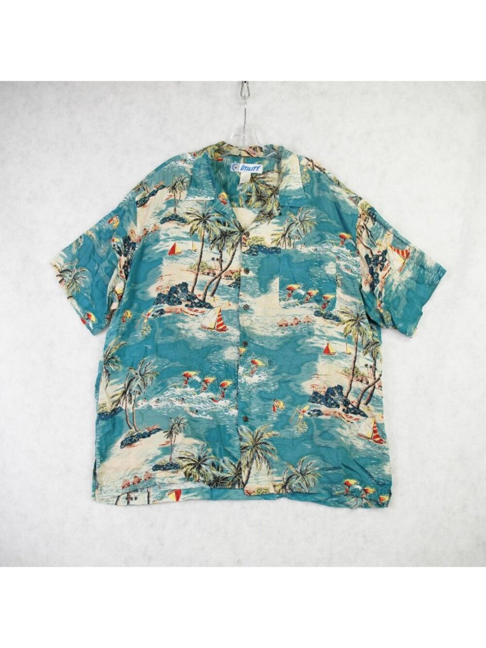 Vintage Utility Mens Hawaiian Shirt Aloha Palm Trees Tropical Camp Size XL